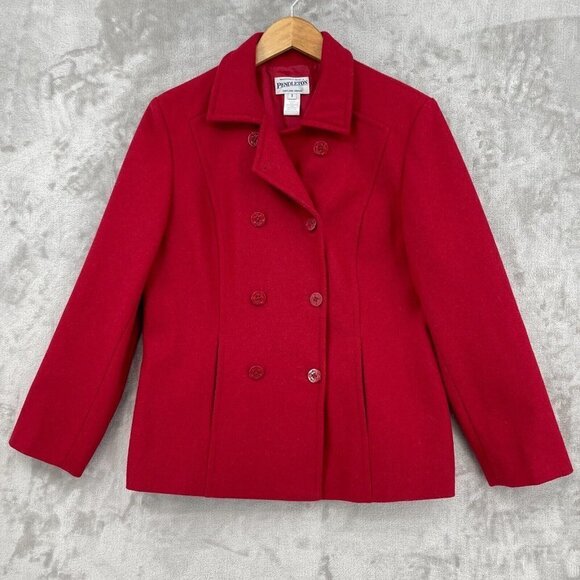Pendleton Red Merino Wool Double Breasted Pea Coat Jacket Collared - Picture 1 of 8